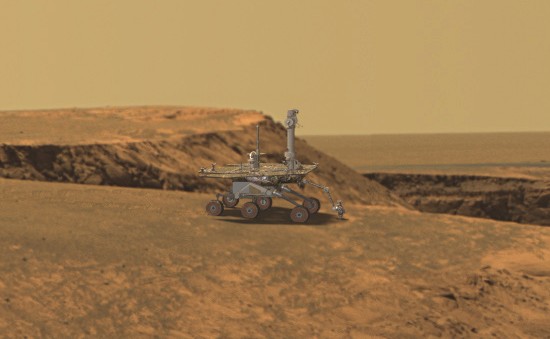 Opportunity au bord du cratère Victoria (image de synthèse)